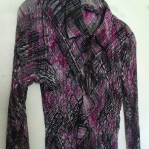 Woman's button up ruffled blouse, purple/black.